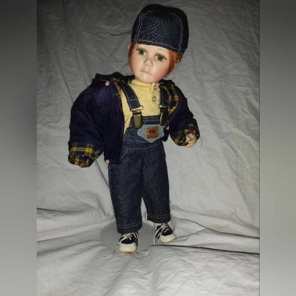 Vintage Gustave Wolff Blue Jean Bibs Denim Boy Porcelain Collectible Doll